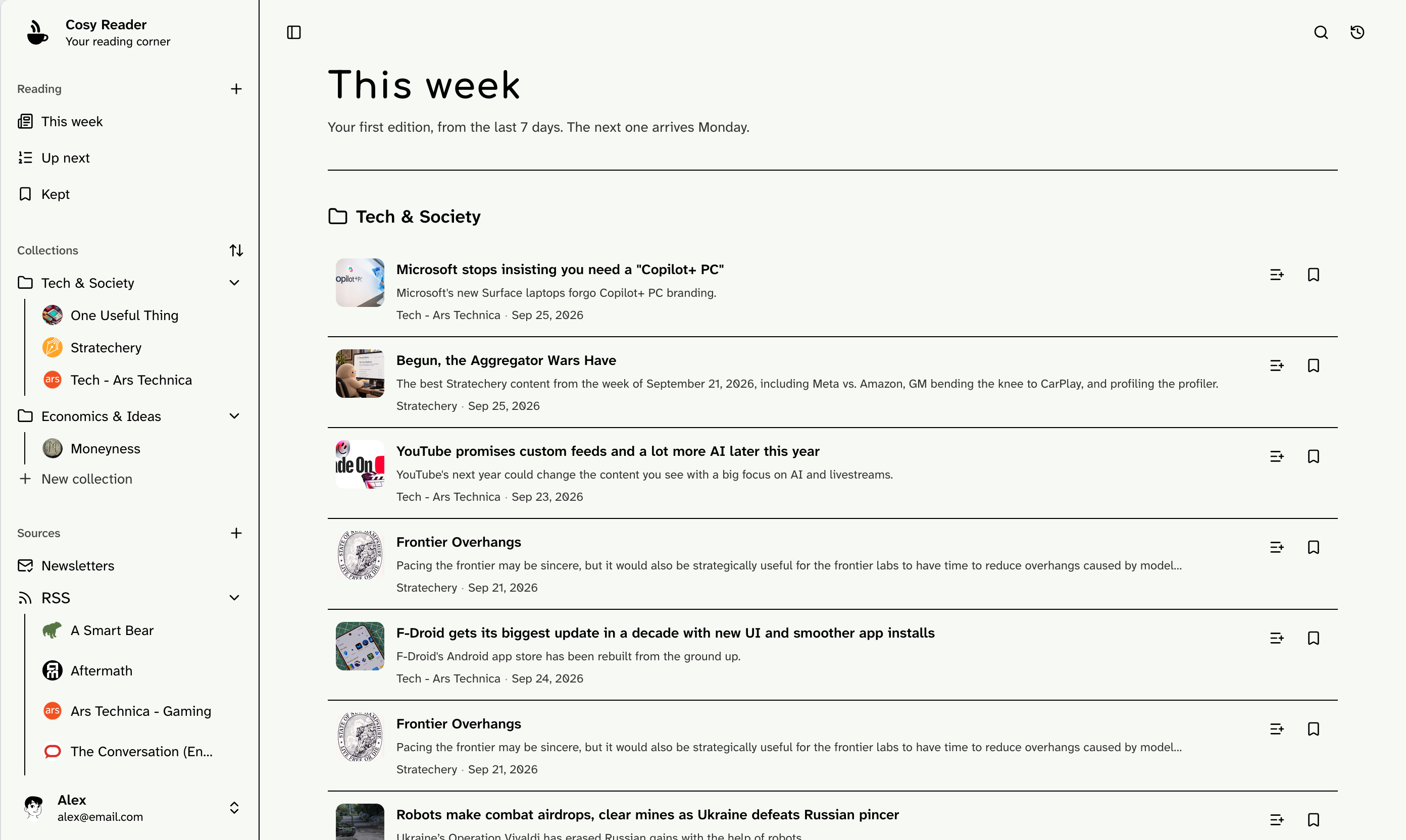 Cosy Reader showing this week's edition, one chapter per topic, with Up next and Kept in the sidebar