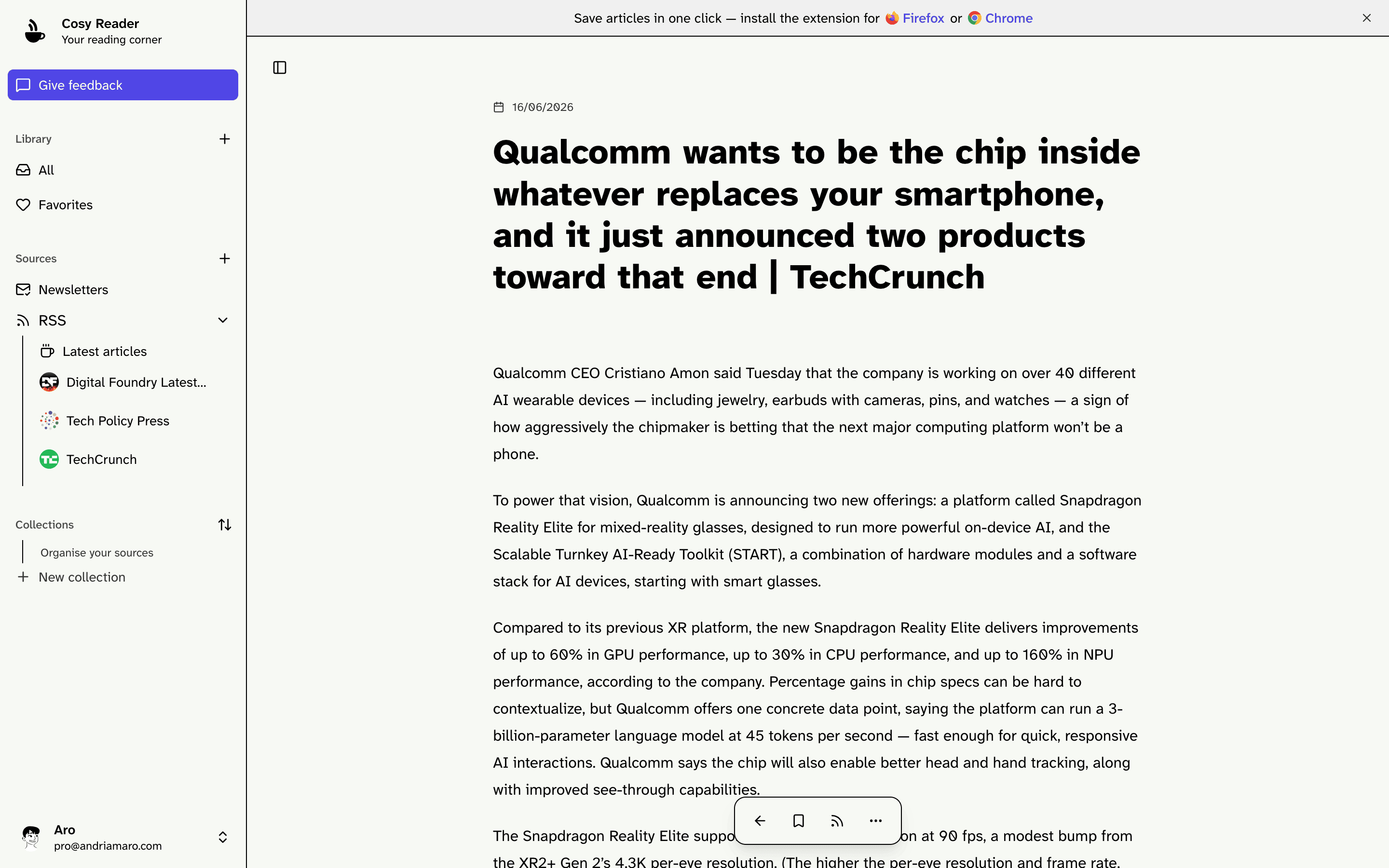 Cosy Reader full-page reading mode for an article, clean and distraction-free