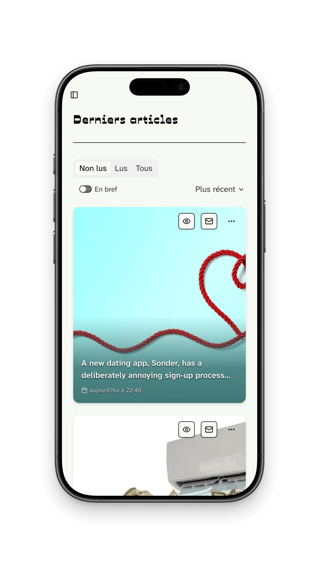 L'application mobile Cosy Reader affichant des favoris, des flux RSS et des newsletters