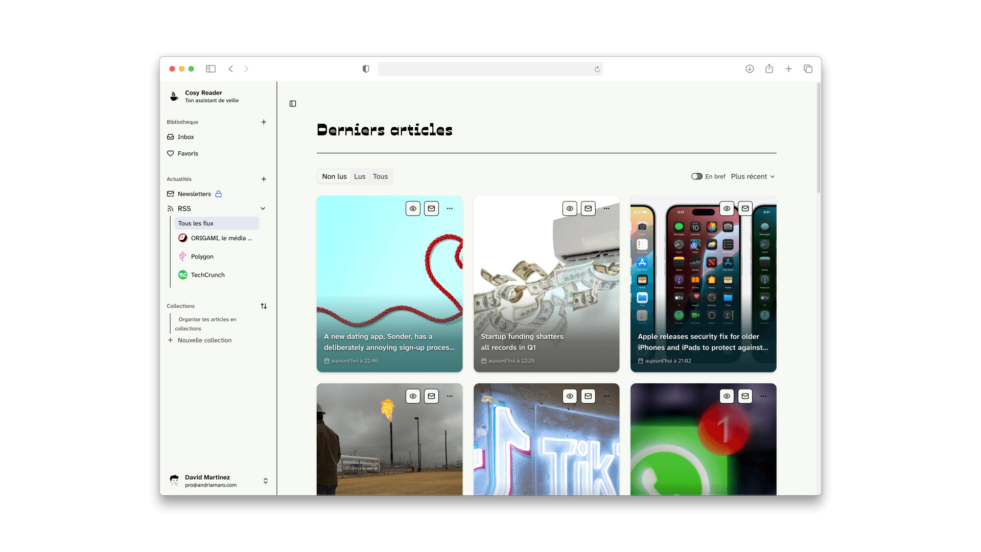 L'application Cosy Reader affichant des favoris, des flux RSS et des newsletters dans une interface de lecture épurée