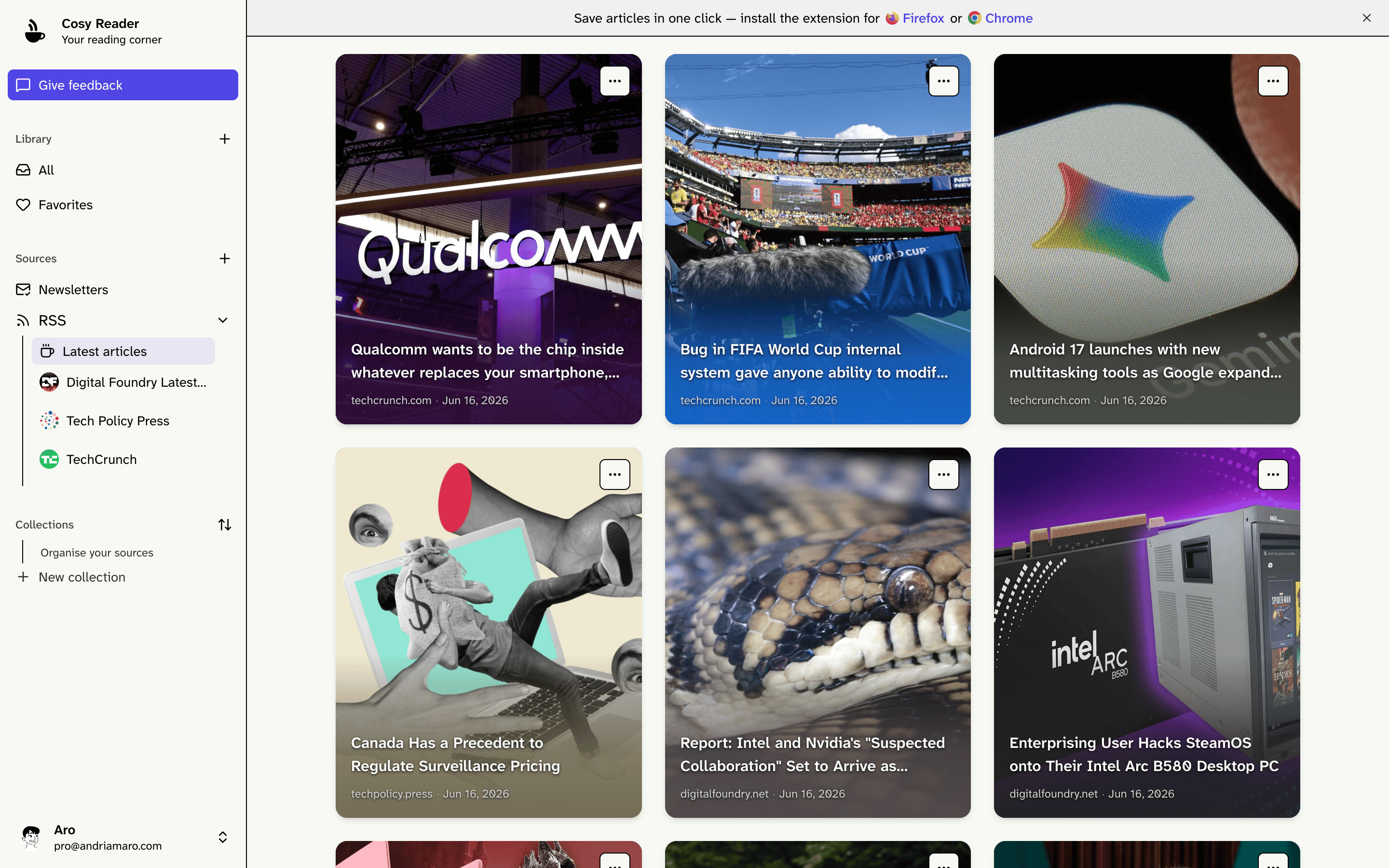 Cosy Reader app showing feeds, saved links, and newsletters in a clean reading interface