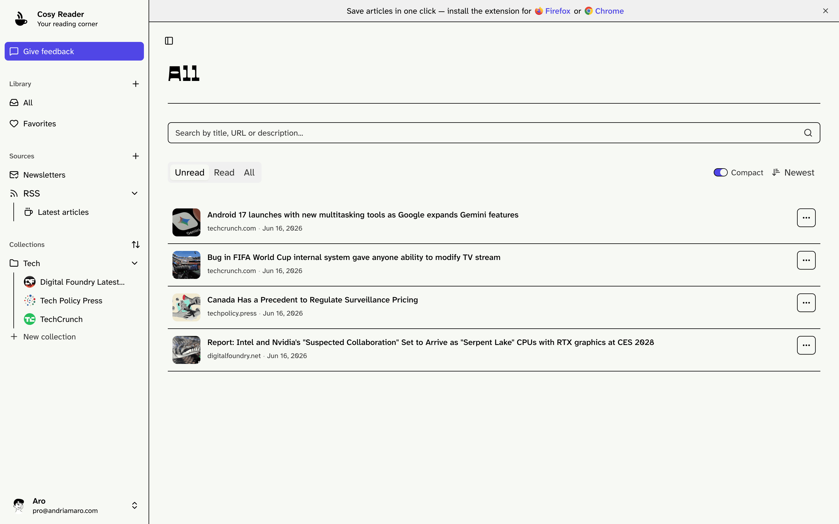 Cosy Reader library list of saved links with a search bar