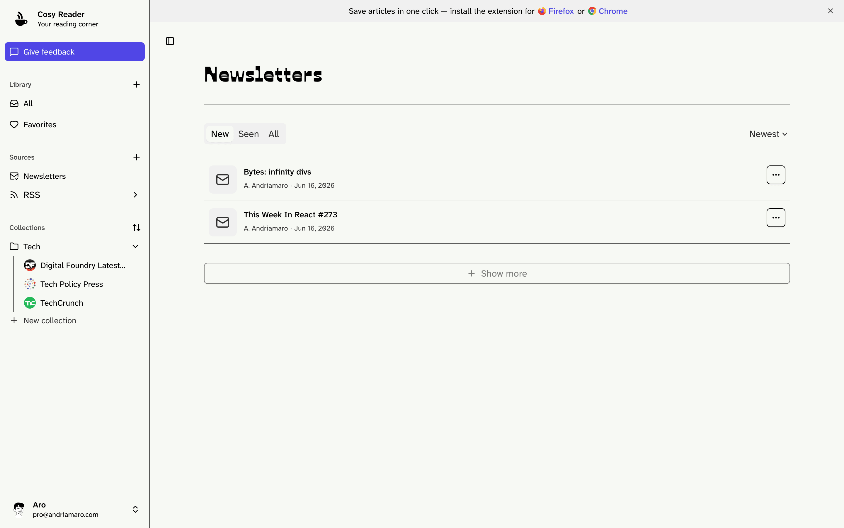 Cosy Reader newsletters view listing recent newsletters