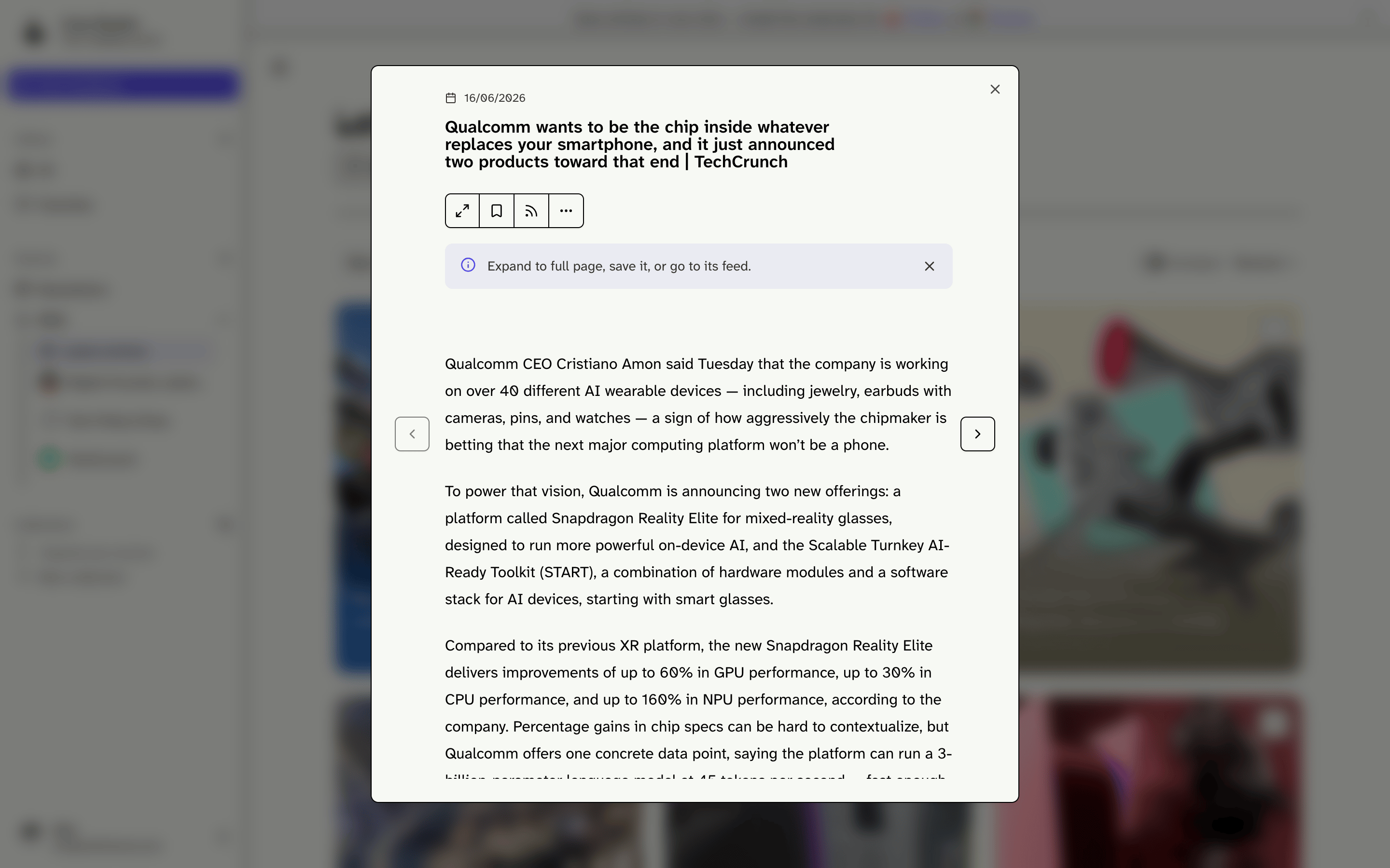 Cosy Reader opening an article from a feed in a quick peek view